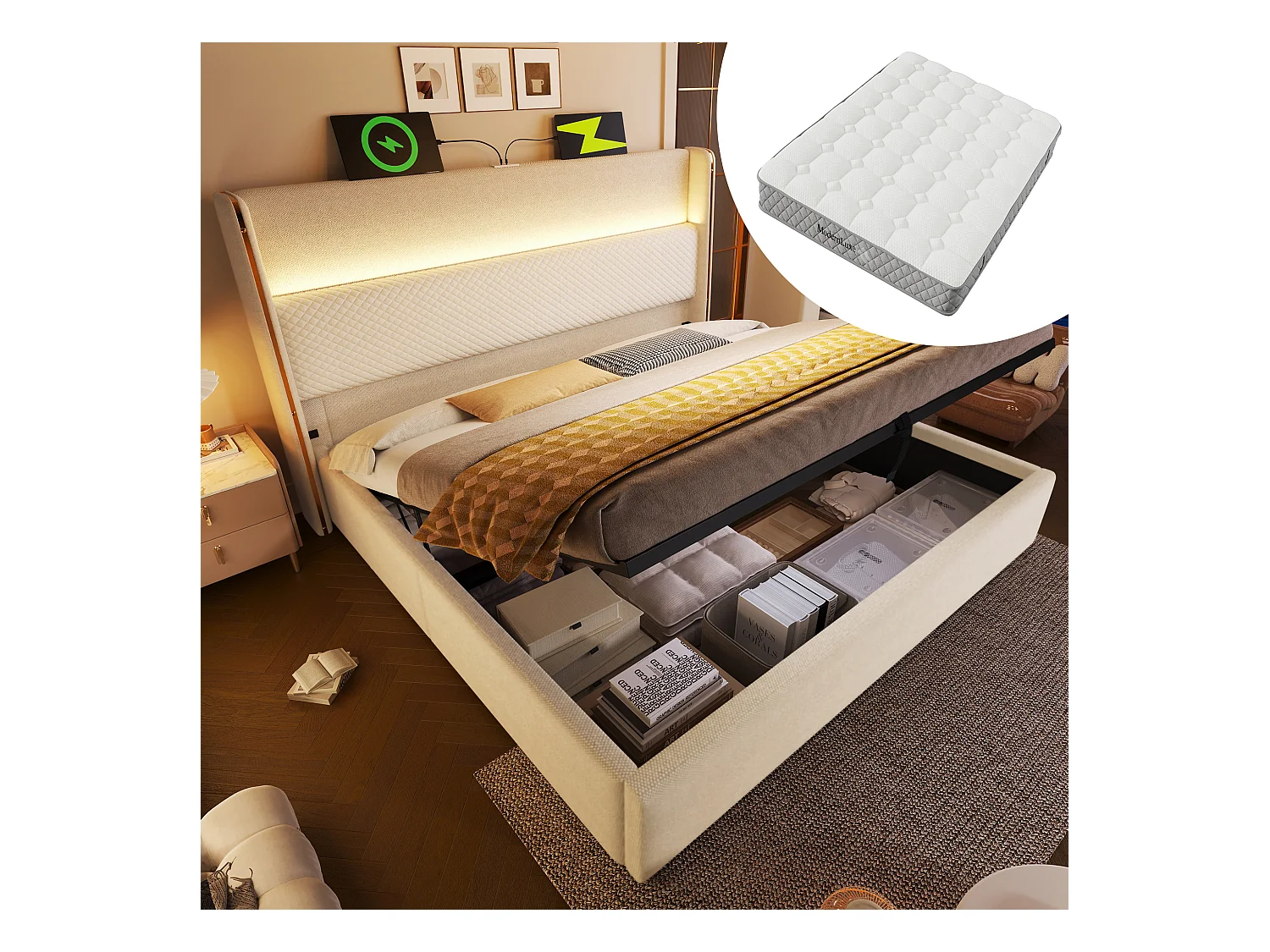 Cama de armazenamento hidráulica com cabeceira + LEDs e portas USB/Tipo C - 160 x 200 cm - linho - bege (com colchão)