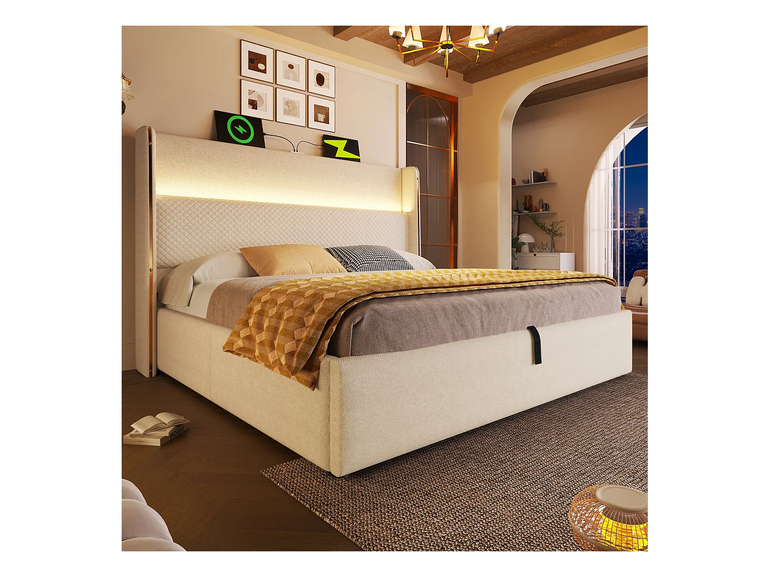 Hydraulisches Bett mit Stauraum, Kopfteil + LEDs und USB/Typ-C-Anschlüssen – 160 x 200 cm – Leinen – Beige (mit Matratze)