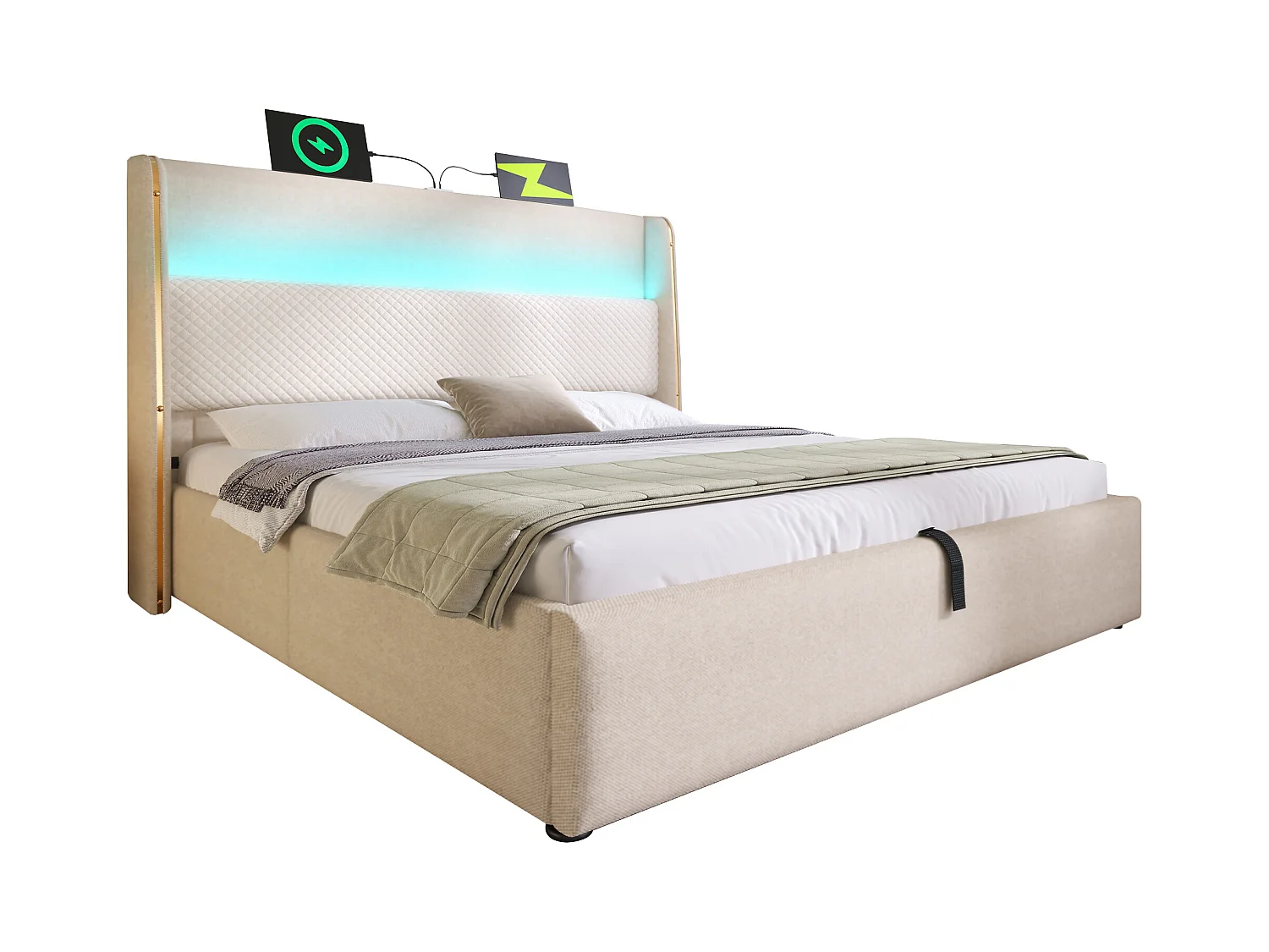 Hydraulisches Bett mit Stauraum, Kopfteil + LEDs und USB/Typ-C-Anschlüssen – 160 x 200 cm – Leinen – Beige (mit Matratze)