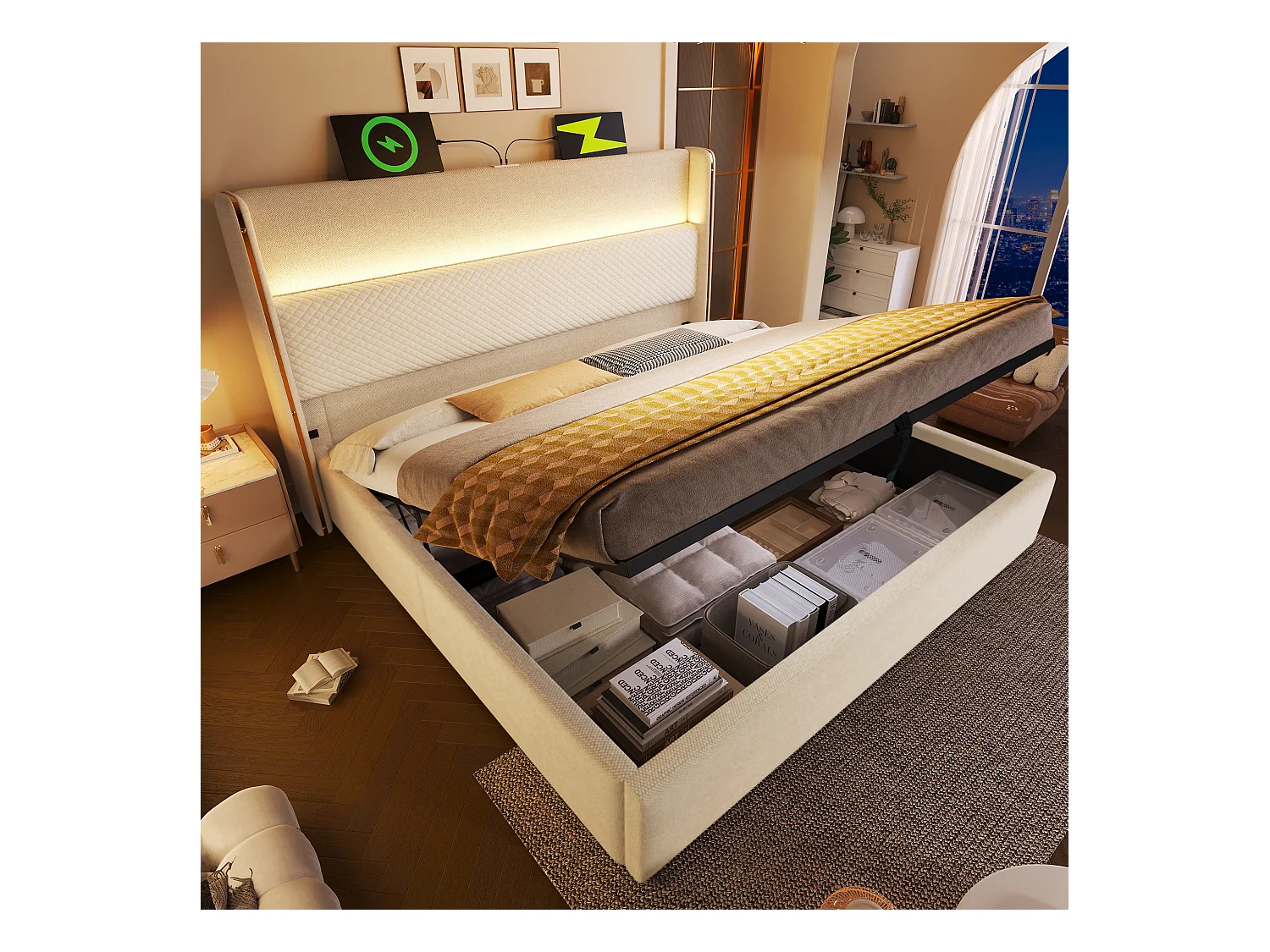 Hydraulisches Bett mit Stauraum, Kopfteil + LEDs und USB/Typ-C-Anschlüssen – 160 x 200 cm – Leinen – Beige (mit Matratze)