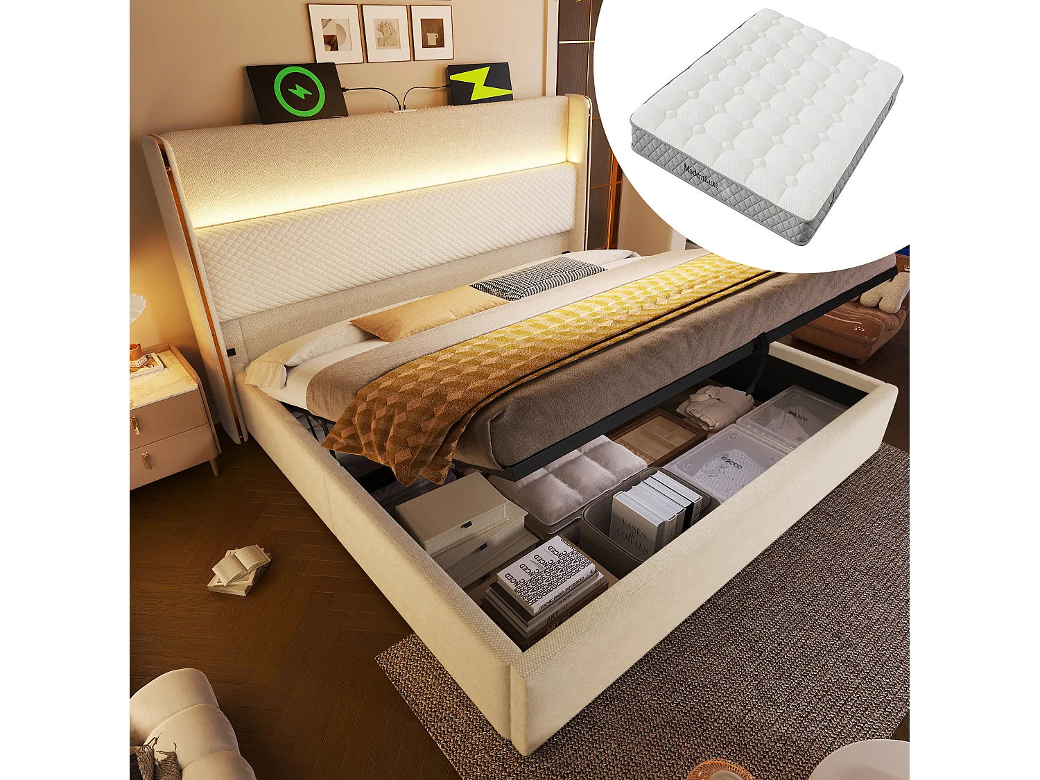 Cama de armazenamento hidráulica com cabeceira + LEDs e portas USB/Tipo C - 160 x 200 cm - linho - bege (com colchão)