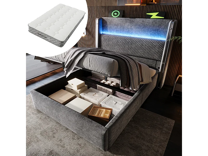 Lit coffre hydraulique avec tête de lit + Leds et ports USB/Type-C - 90 x 200 cm - lin - gris(avec matelas)