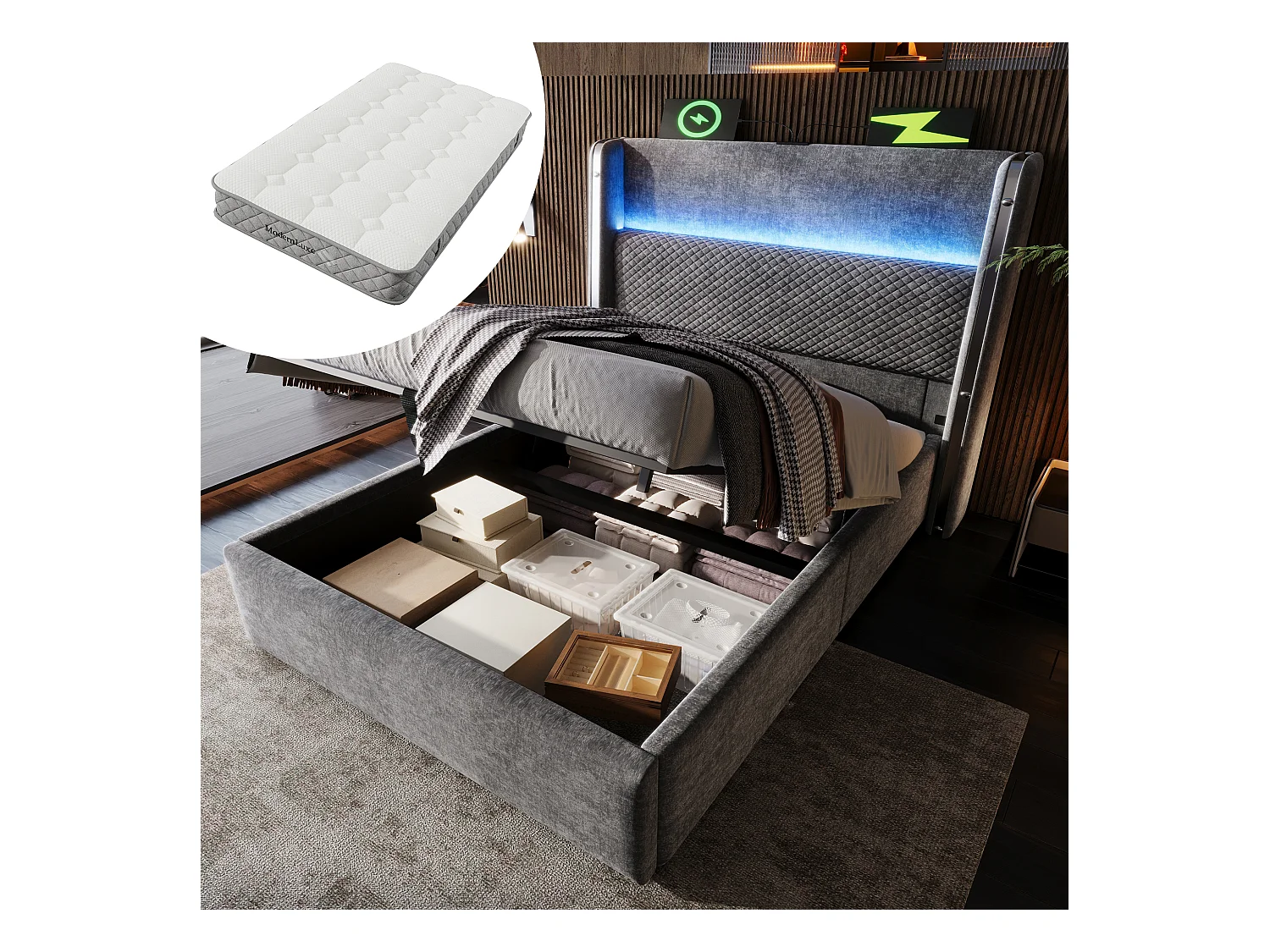 Lit coffre hydraulique avec tête de lit + Leds et ports USB/Type-C - 90 x 200 cm - lin - gris(avec matelas)