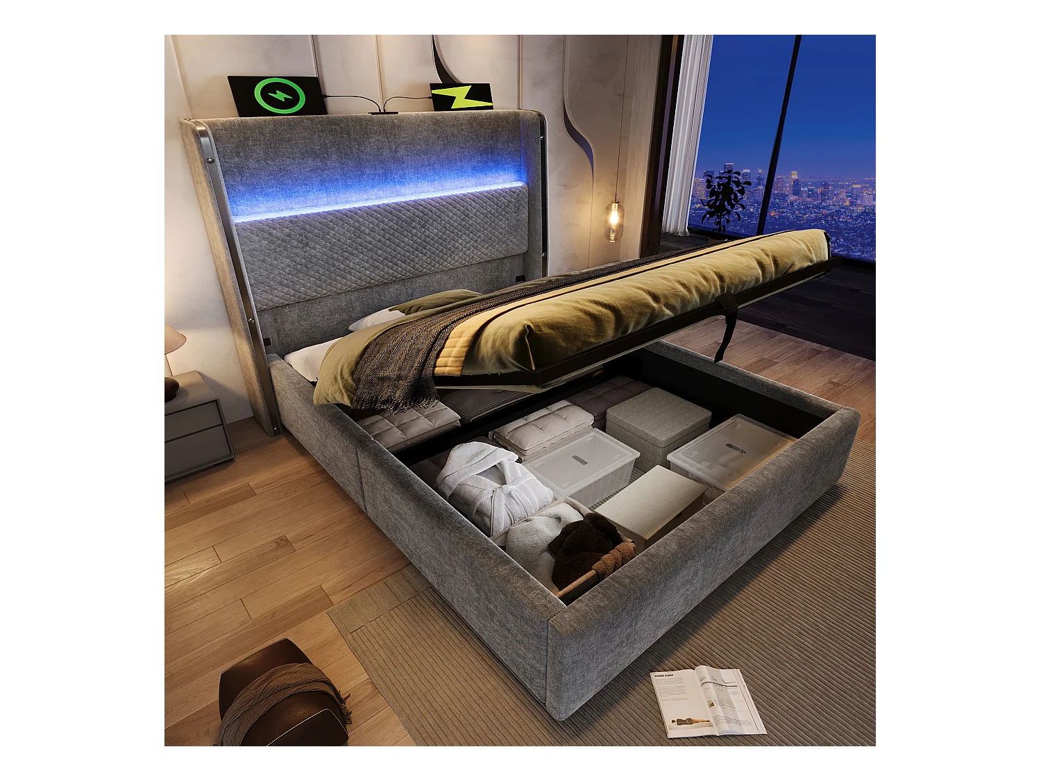 Lit coffre hydraulique avec tête de lit + Leds et ports USB/Type-C - 90 x 200 cm - lin - gris(avec matelas)