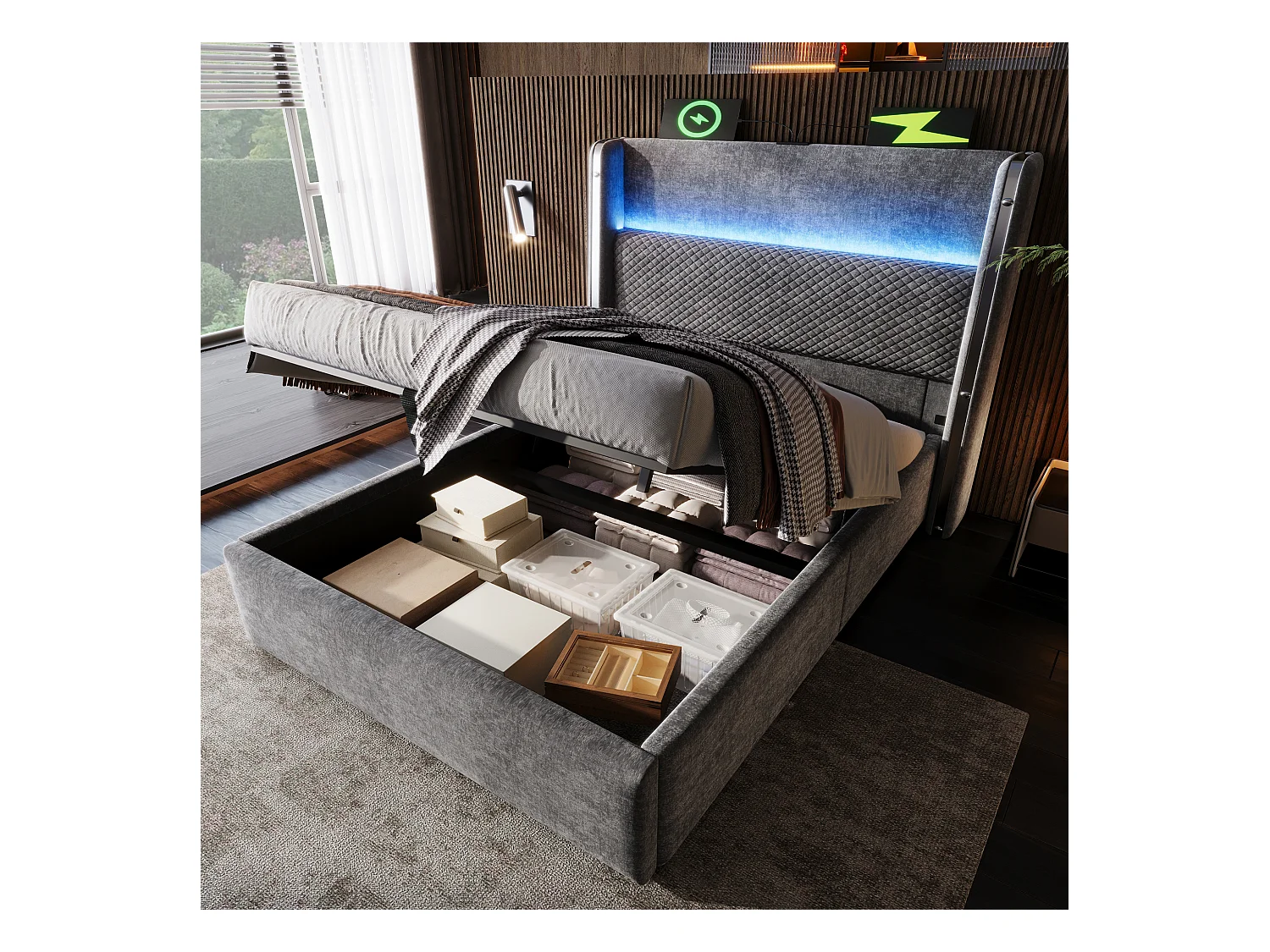 Lit coffre hydraulique avec tête de lit + Leds et ports USB/Type-C - 90 x 200 cm - lin - gris(avec matelas)