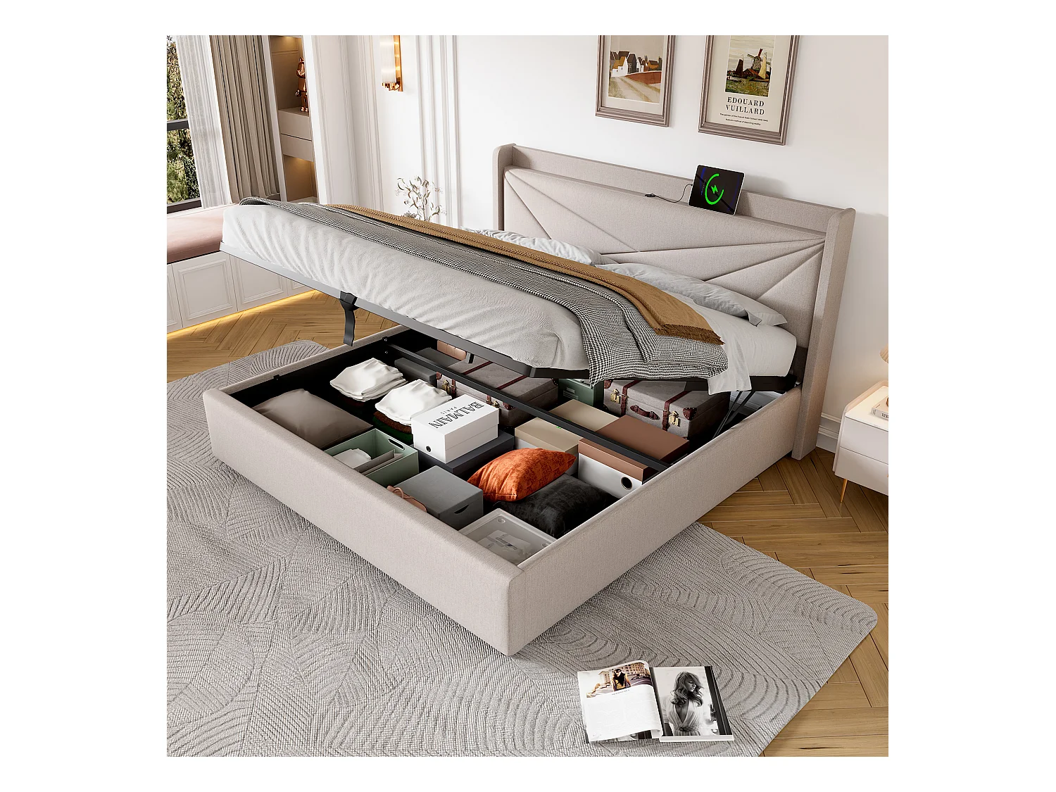 Lit double avec rangement et fonction de charge USB-C, 160x200 cm, beige, tête de lit moderne et confortable