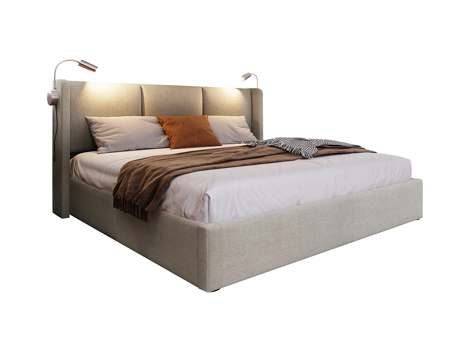 Lit double 160x200 cm en lin beige avec éclairage de lecture et fonction de chargement USB