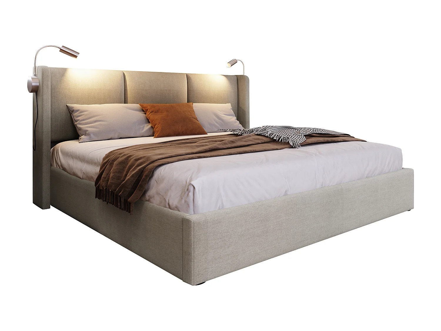 Lit double 160x200 cm en lin beige avec éclairage de lecture et fonction de chargement USB