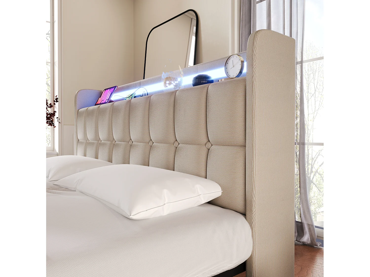 Lit avec fonction de chargement USB, éclairage LED et 4 tiroirs, 180x200 cm, beige, design moderne