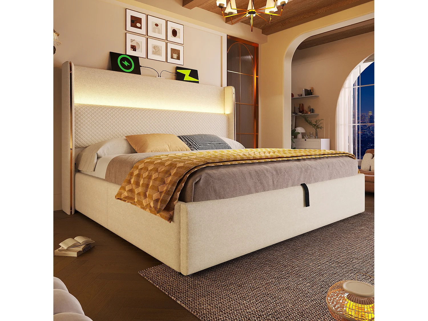 Lit coffre hydraulique avec tête de lit + Leds et ports USB/Type-C - 140 x 200 cm - lin - beige
