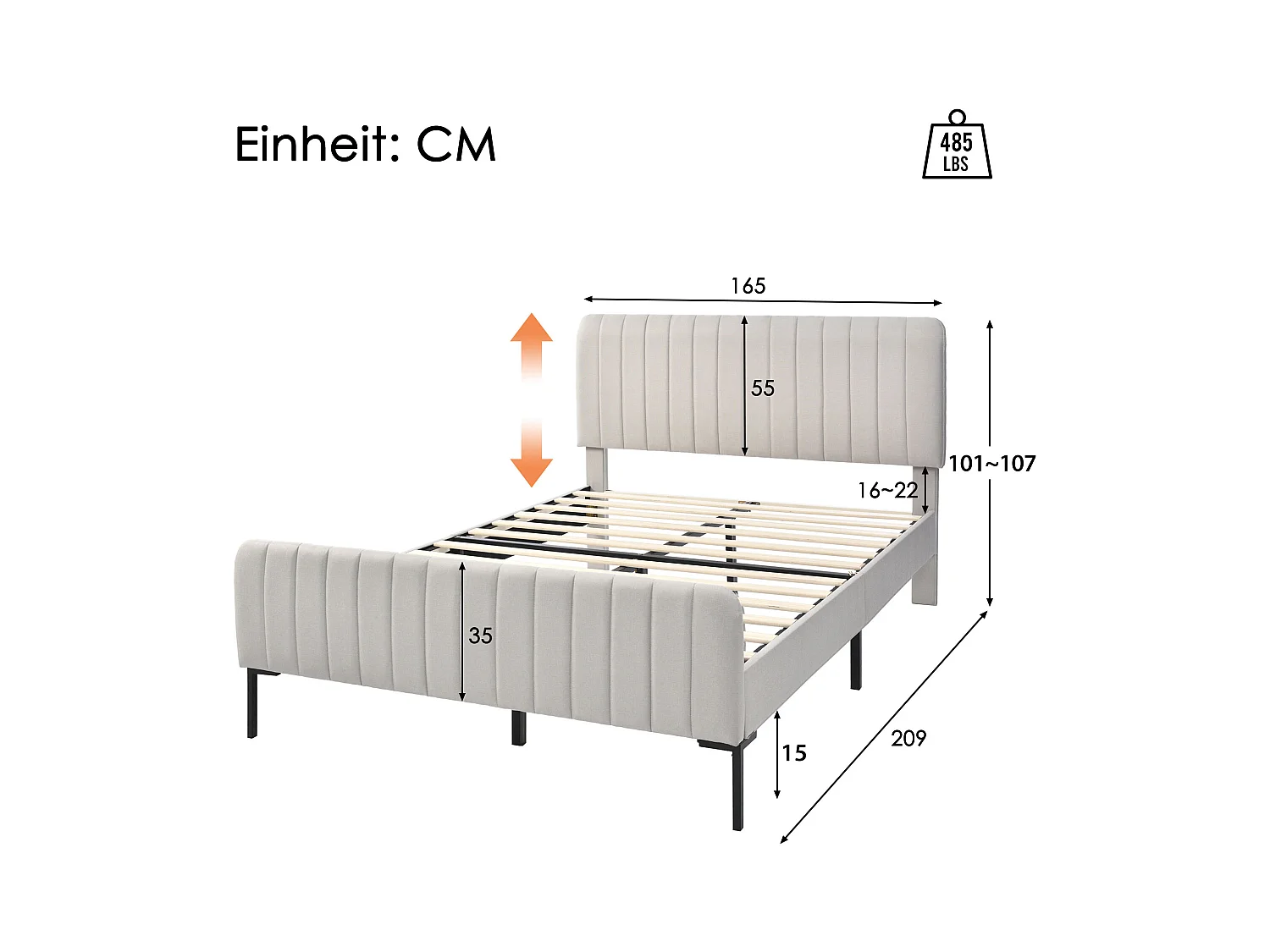 Lit double 160 x 200 cm avec sommier et tête de lit réglable, lit rembourré gris-beige