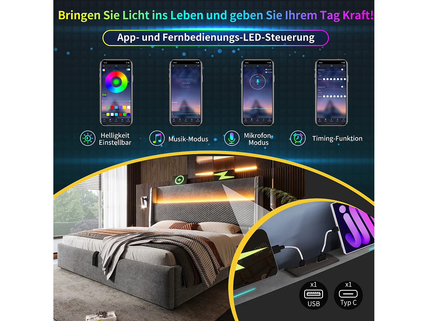 Łóżko hydrauliczne ze schowkiem i zagłówkiem + diody LED i porty USB/Type-C - 140 x 200 cm - len - szare (z materacem)