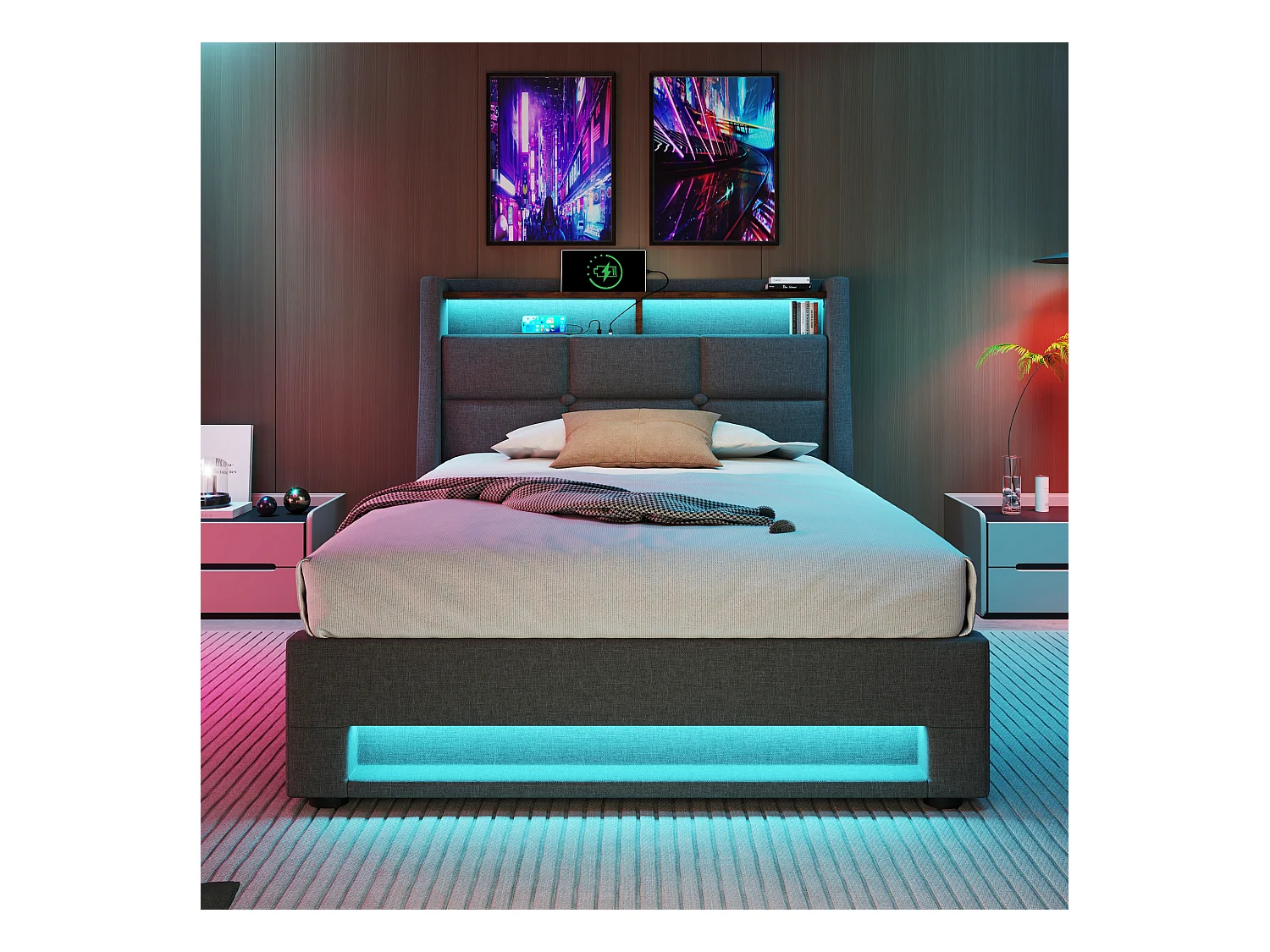 Lit moderne en lin 90x200 cm avec éclairage LED et USB, cadre en métal et sommier inclus