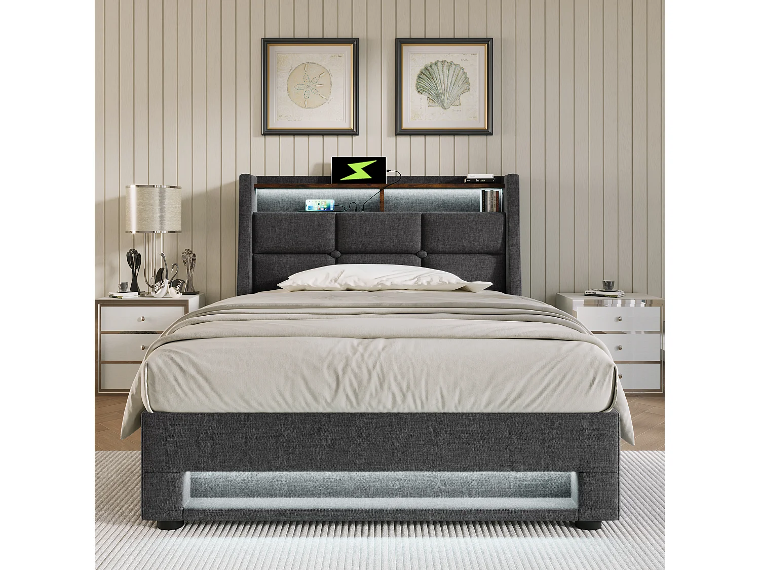 Lit moderne en lin 90x200 cm avec éclairage LED et USB, cadre en métal et sommier inclus