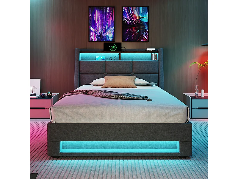 Lit moderne en lin 90x200 cm avec éclairage LED et USB, cadre en métal et sommier inclus
