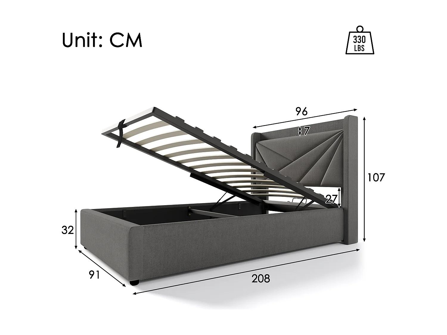 Lit simple 90×200 cm gris avec rangement et fonction de chargement USB-C, tête de lit moderne