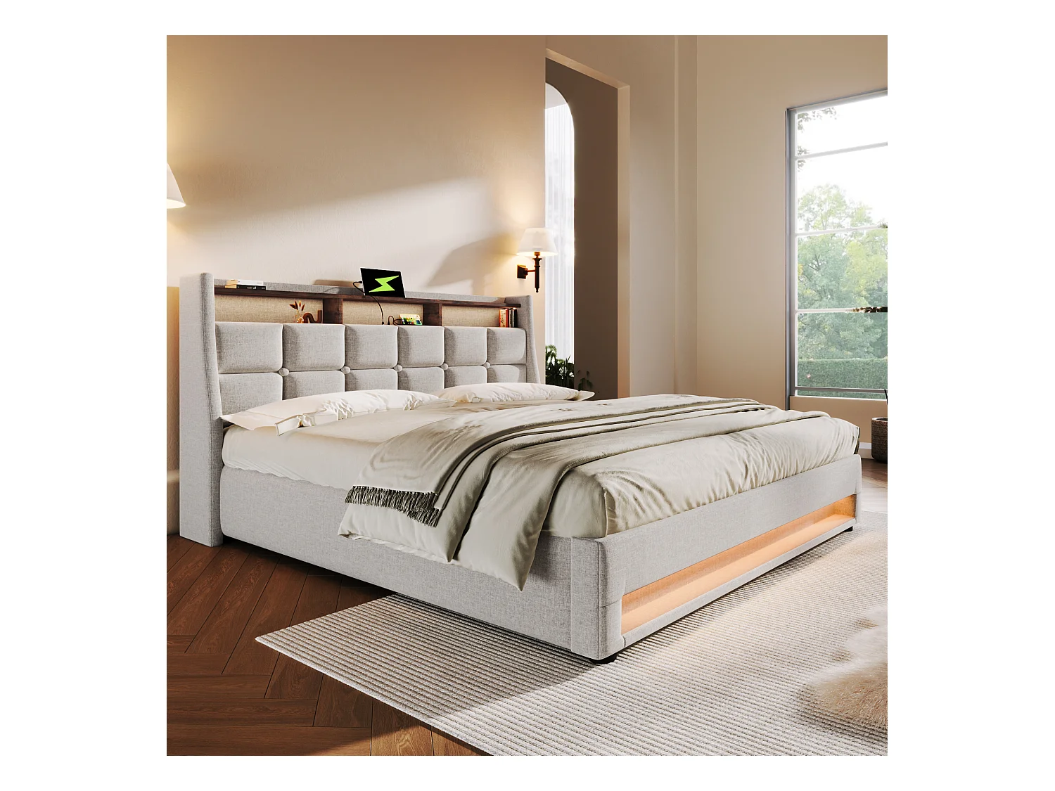 Lit rembourré 160x200 cm en lin beige avec éclairage LED et USB, tête de lit confortable