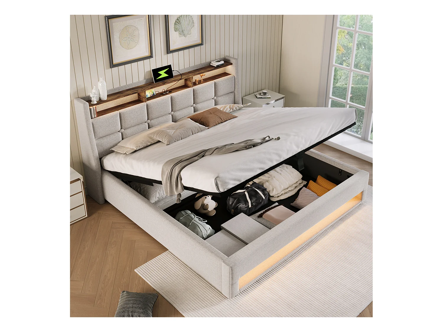 Lit rembourré 160x200 cm en lin beige avec éclairage LED et USB, tête de lit confortable