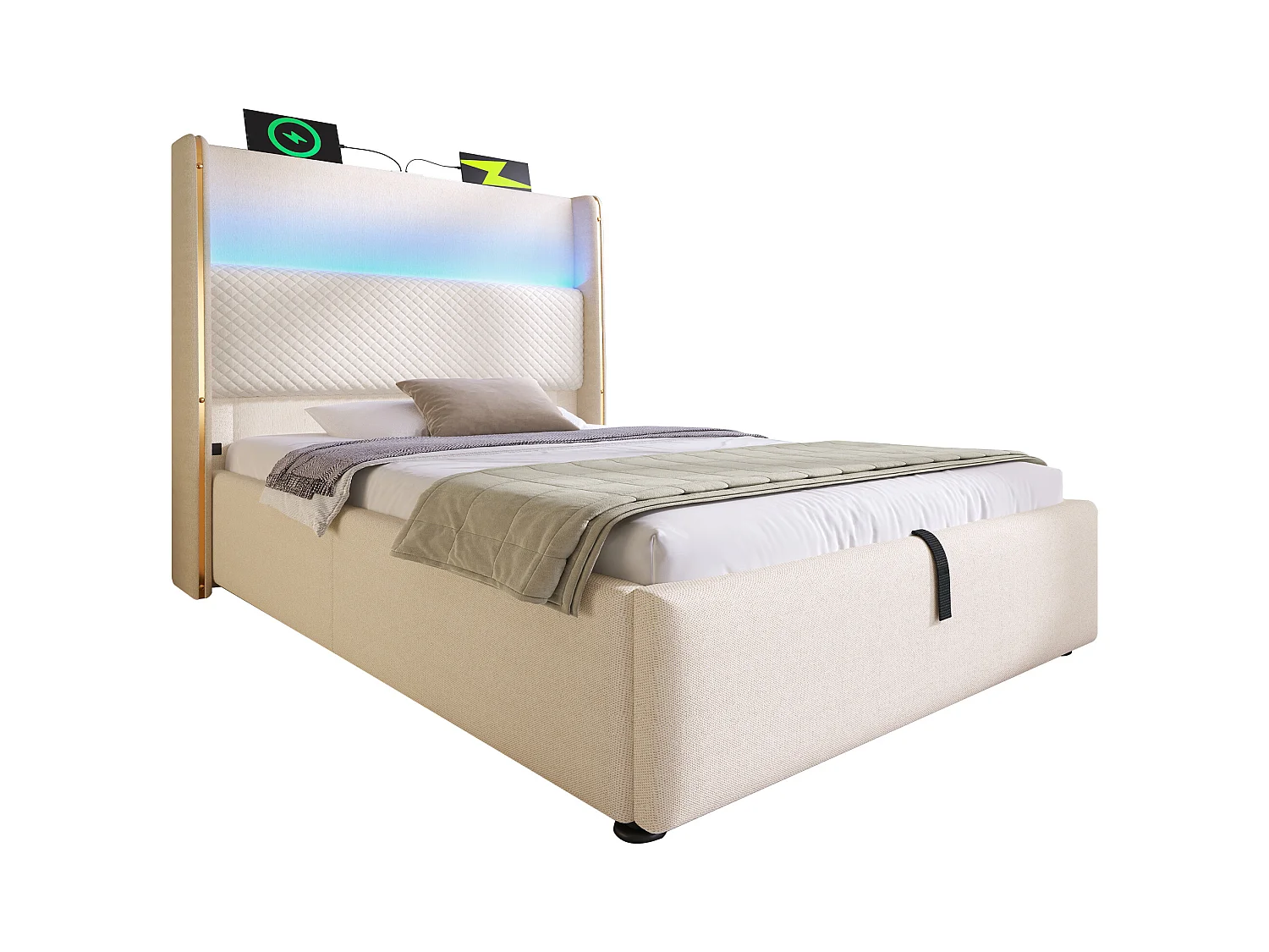 Lit coffre hydraulique avec tête de lit + Leds et ports USB/Type-C - 90 x 200 cm - lin - beige