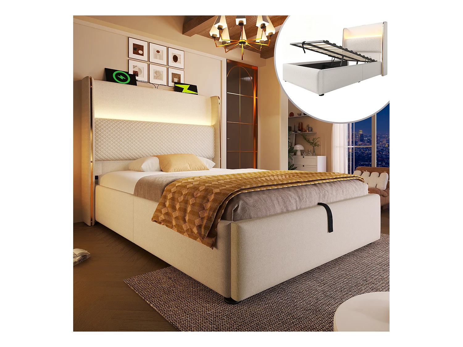 Lit coffre hydraulique avec tête de lit + Leds et ports USB/Type-C - 90 x 200 cm - lin - beige