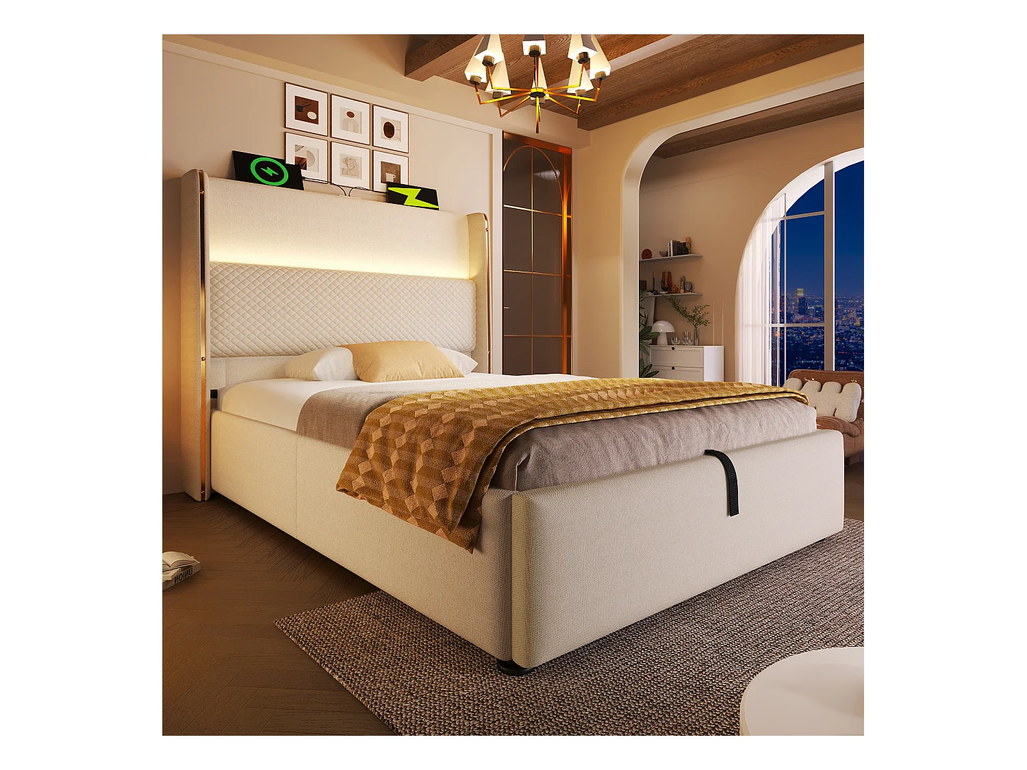 Hydraulisches Bett mit Stauraum, Kopfteil + LEDs und USB/Typ-C-Anschlüssen – 90 x 200 cm – Leinen – Beige