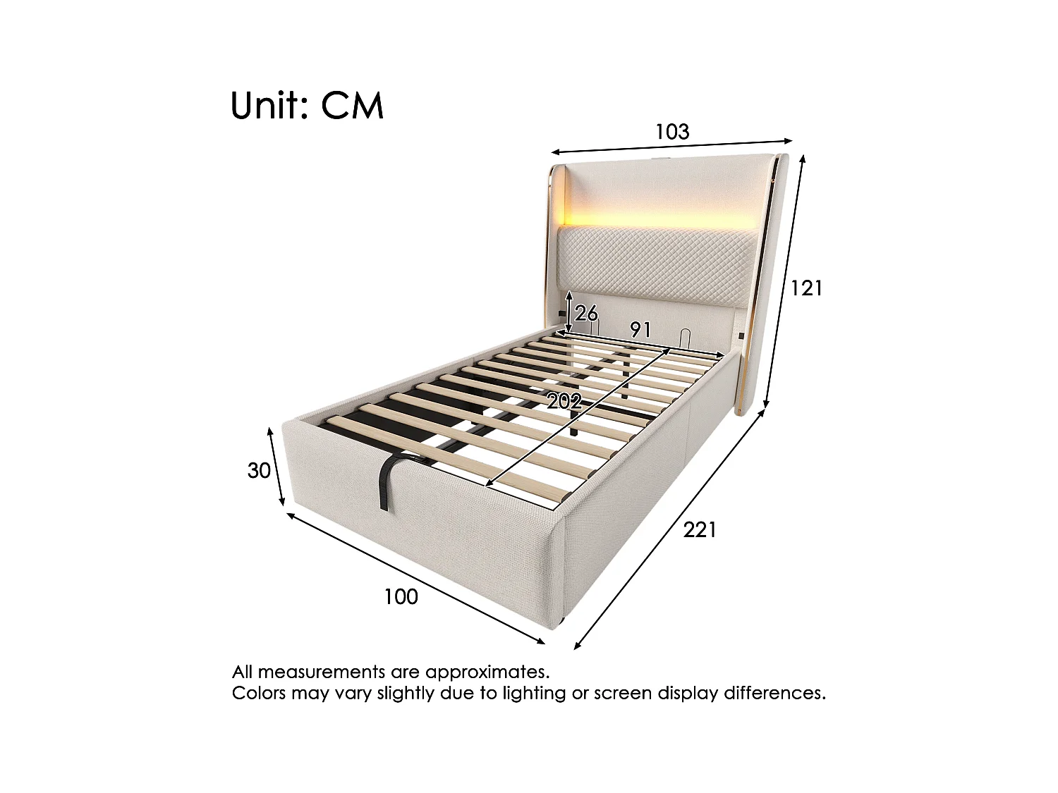 Hydraulisches Bett mit Stauraum, Kopfteil + LEDs und USB/Typ-C-Anschlüssen – 90 x 200 cm – Leinen – Beige