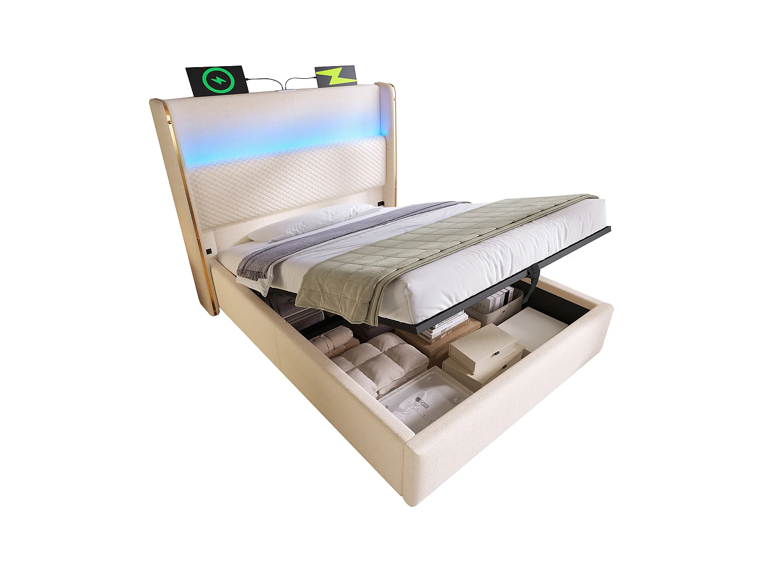 Hydraulisches Bett mit Stauraum, Kopfteil + LEDs und USB/Typ-C-Anschlüssen – 90 x 200 cm – Leinen – Beige