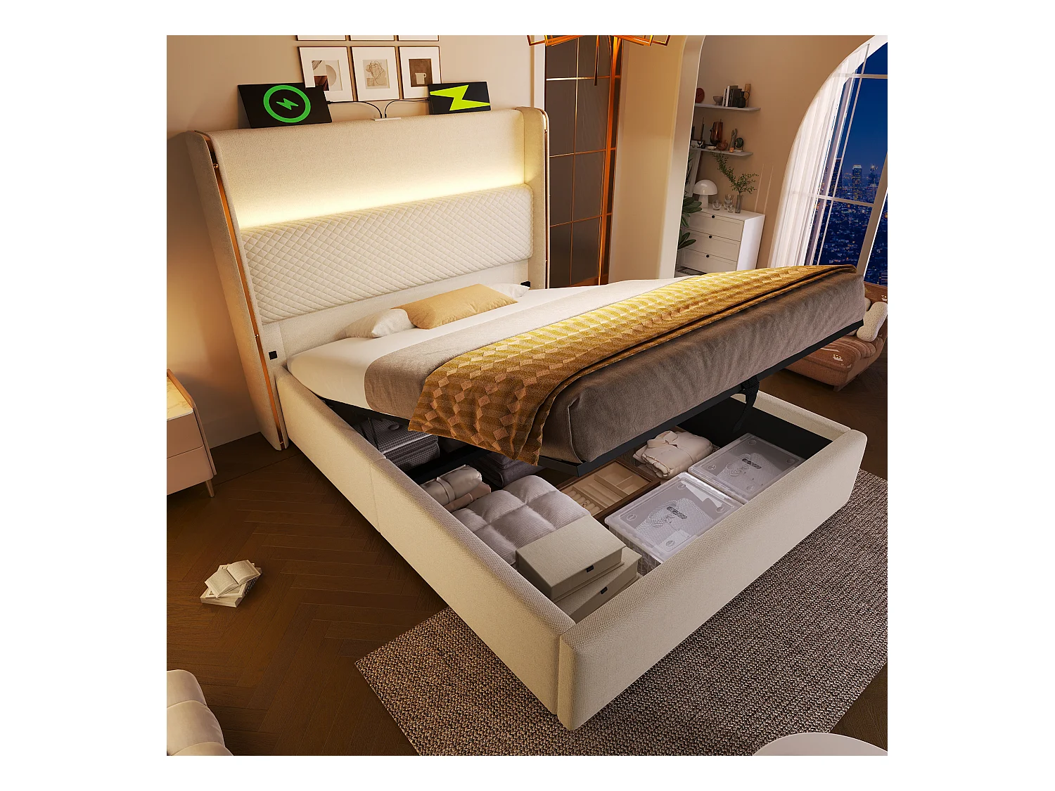 Hydraulisches Bett mit Stauraum, Kopfteil + LEDs und USB/Typ-C-Anschlüssen – 90 x 200 cm – Leinen – Beige