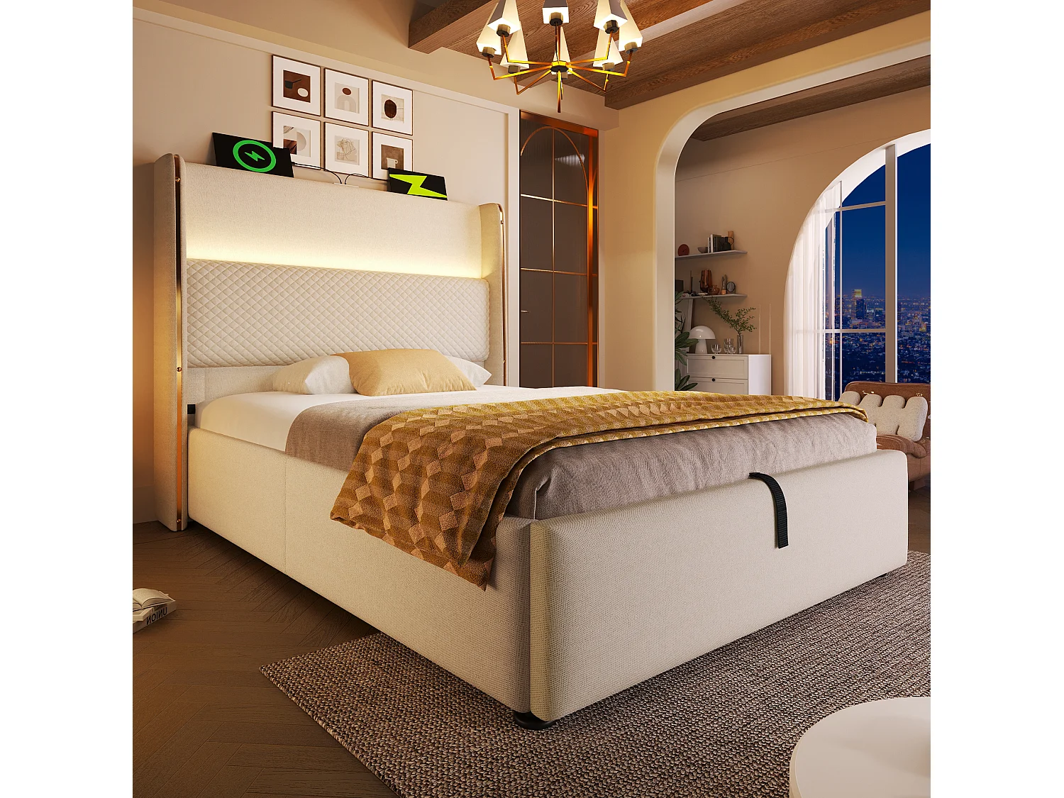 Lit coffre hydraulique avec tête de lit + Leds et ports USB/Type-C - 90 x 200 cm - lin - beige