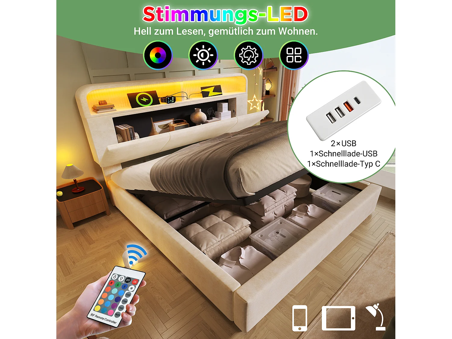 Cama basculante hidráulica - 160 x 200 cm - cabecero ajustable con espacio de almacenaje - con LED + USB/Tipo C - terciopelo - beige (con colchón)