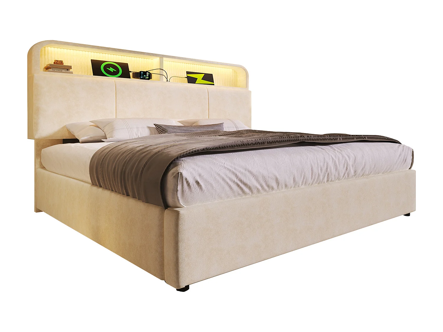 Cama basculante hidráulica - 160 x 200 cm - cabecero ajustable con espacio de almacenaje - con LED + USB/Tipo C - terciopelo - beige (con colchón)