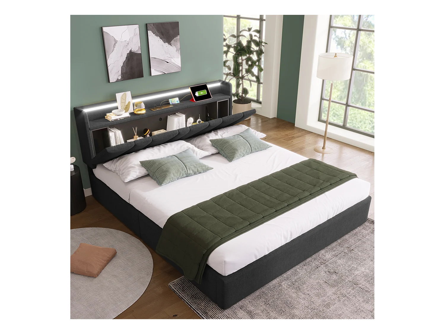 Lit double 140x200 cm avec tête de lit de rangement, prises USB et éclairage LED RGBW