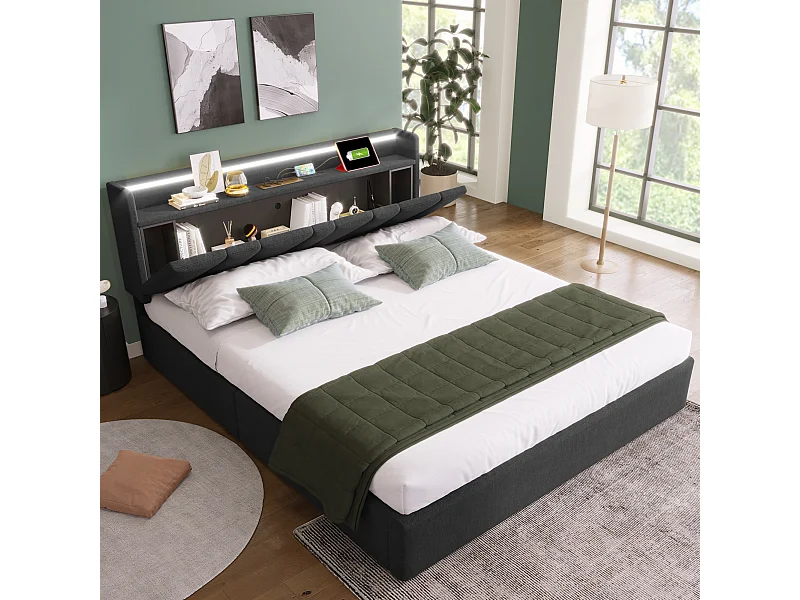 Lit double 140x200 cm avec tête de lit de rangement, prises USB et éclairage LED RGBW