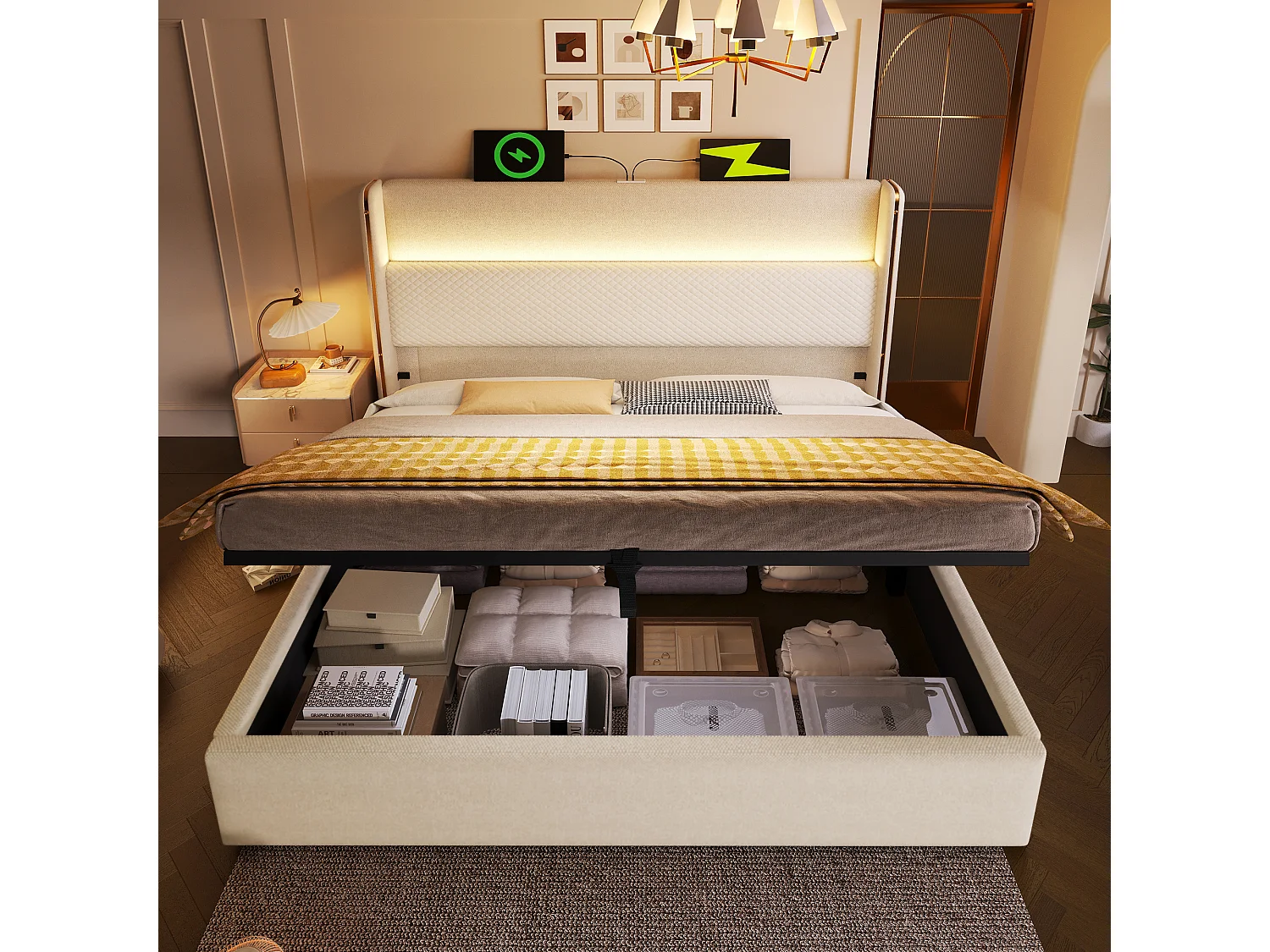 Lit coffre hydraulique avec tête de lit + Leds et ports USB/Type-C - 180 x 200 cm - lin - beige(avec matelas)