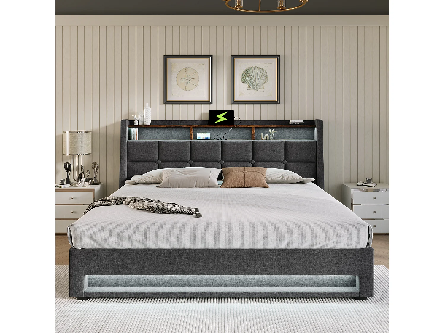 Lit rembourré 140x200 cm avec éclairage LED et rangement pratique en lin gris