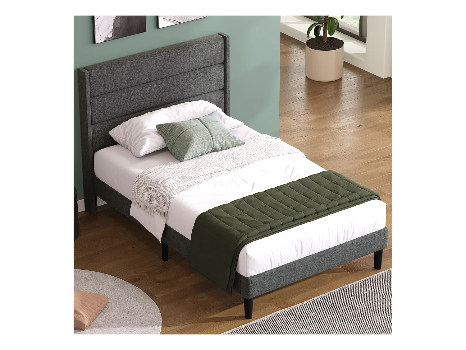 Lit rembourré 90 x 200 cm, cadre de lit avec sommier & tête de lit, en lin gris, design moderne intemporel