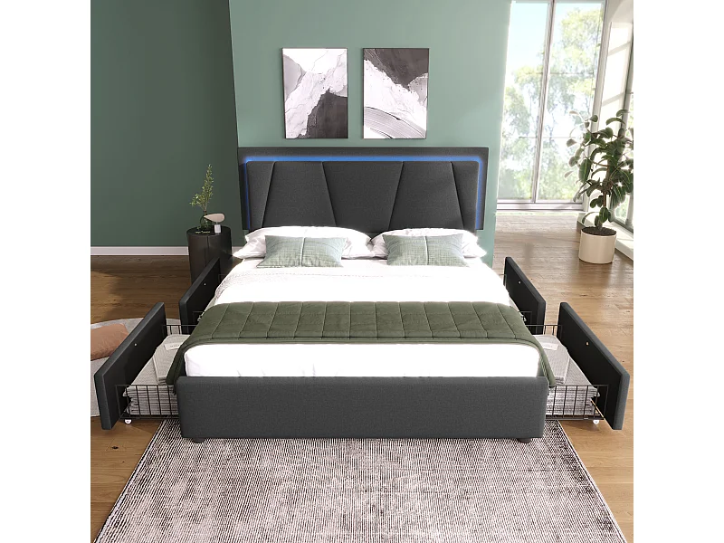Lit double 140x200 cm avec éclairage LED, 4 tiroirs et tête de lit réglable en hauteur, gris