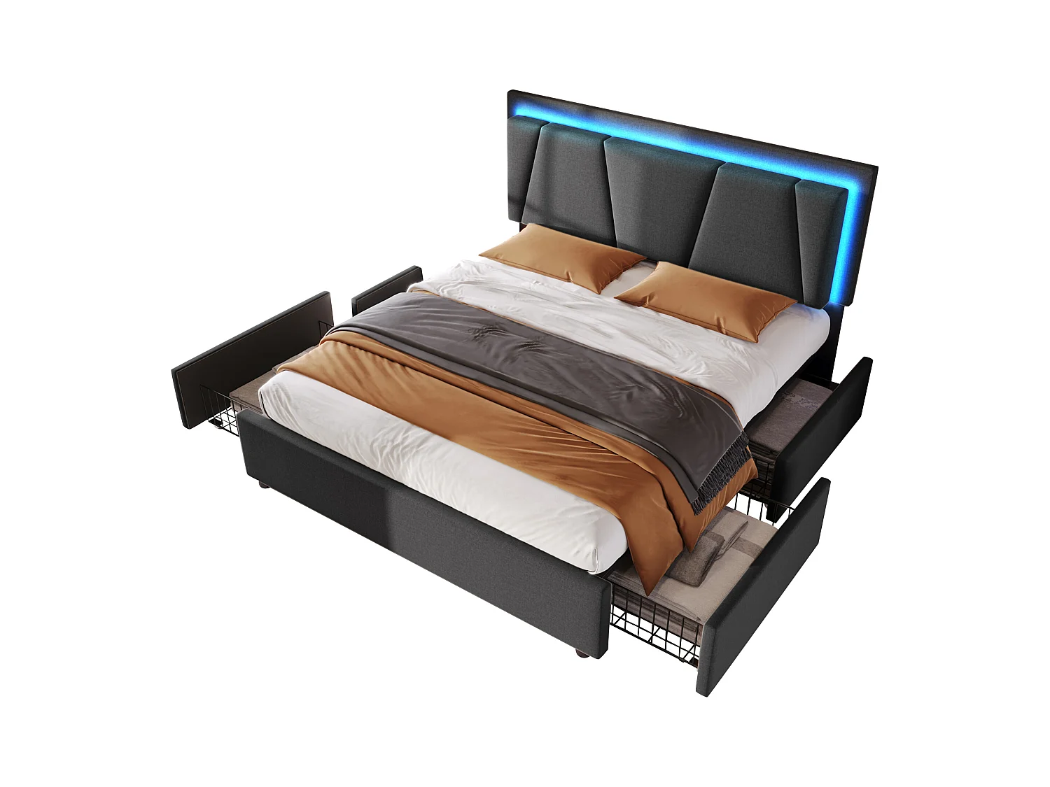 Lit double 140x200 cm avec éclairage LED, 4 tiroirs et tête de lit réglable en hauteur, gris