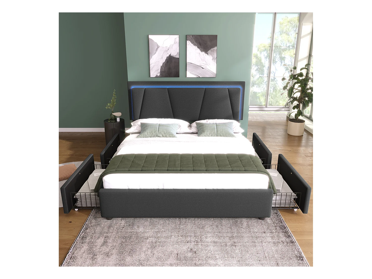 Lit double 140x200 cm avec éclairage LED, 4 tiroirs et tête de lit réglable en hauteur, gris
