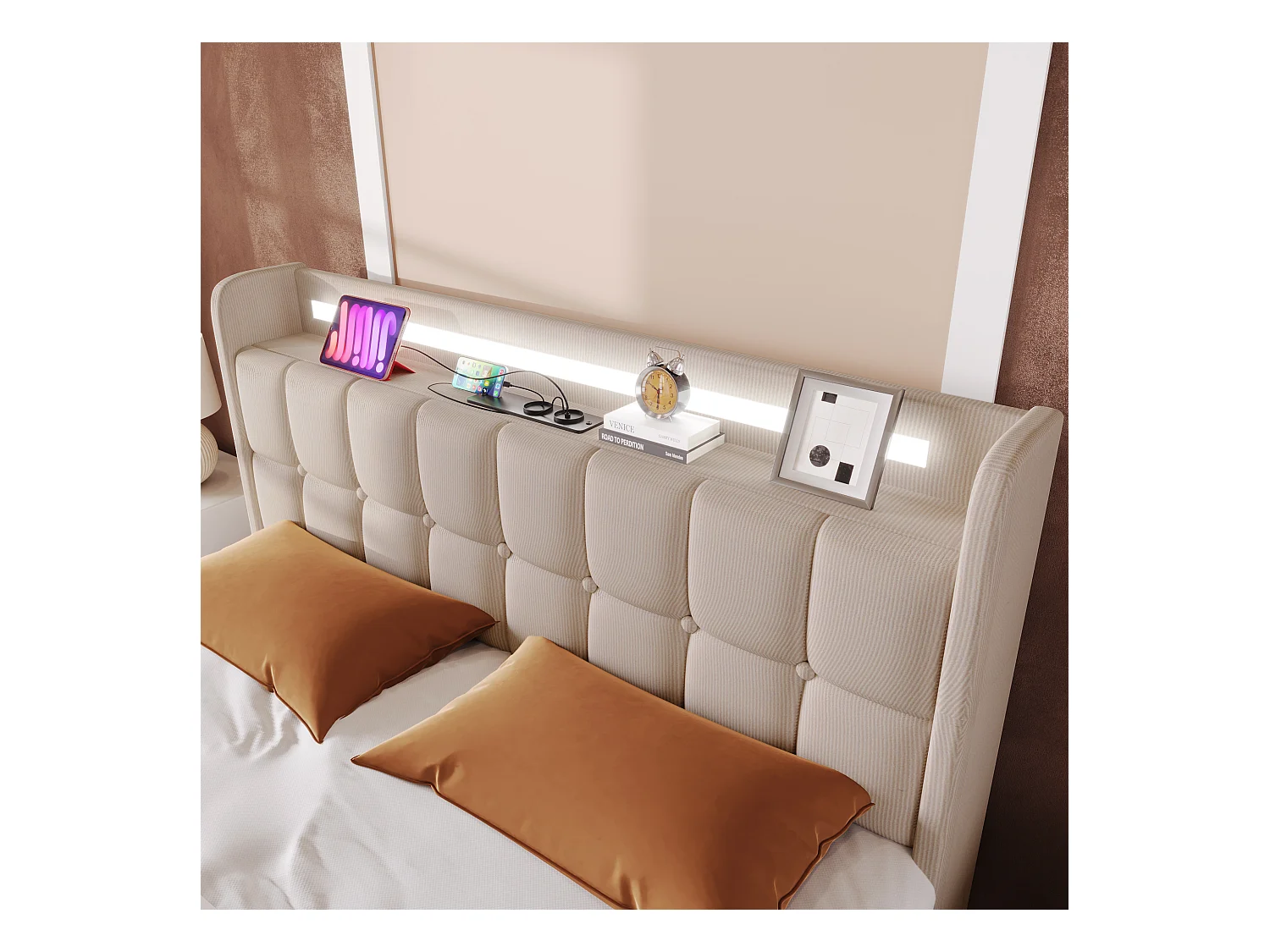 Lit avec fonction de chargement USB, tête de lit avec éclairage LED et 4 tiroirs, 160x200 cm, beige