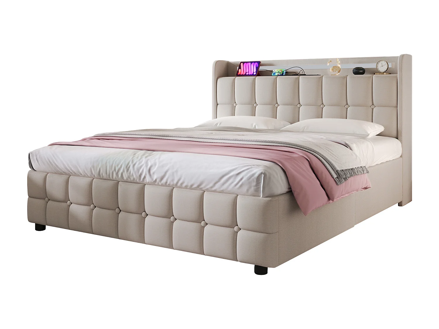 Lit avec fonction de chargement USB, tête de lit avec éclairage LED et 4 tiroirs, 160x200 cm, beige