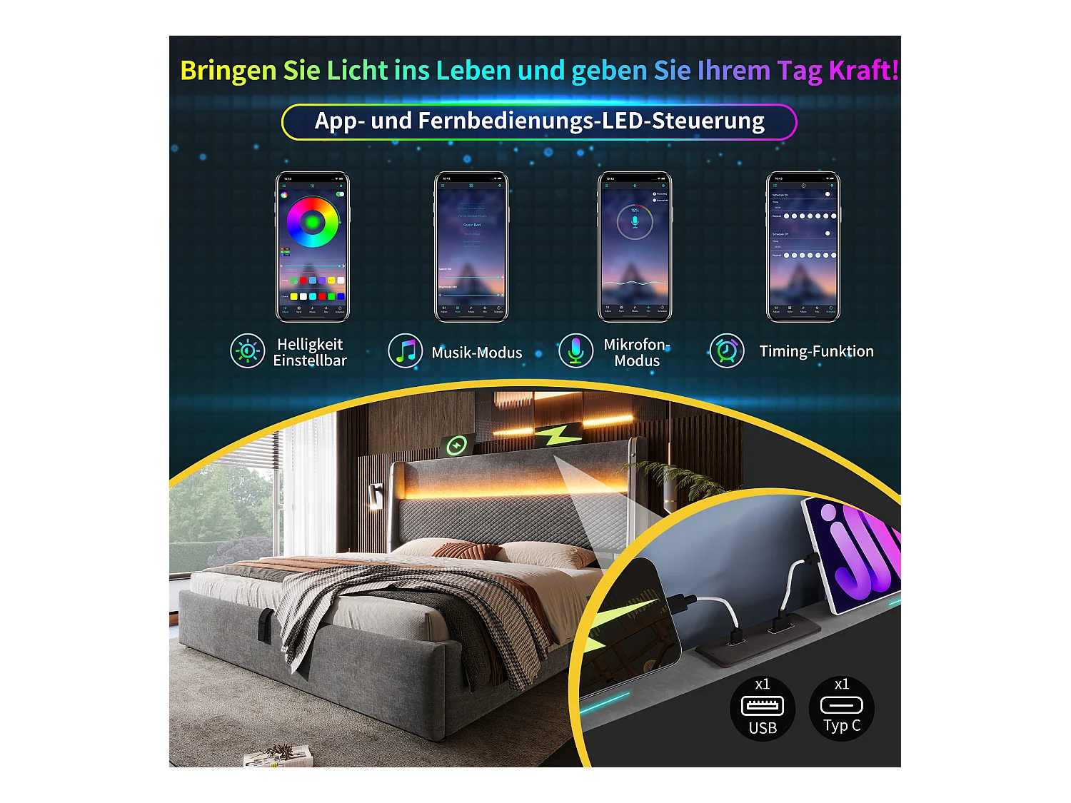 Hydraulisches Bett mit Stauraum und Kopfteil + LEDs und USB/Typ-C-Anschlüssen – 90 x 200 cm – Leinen – Grau