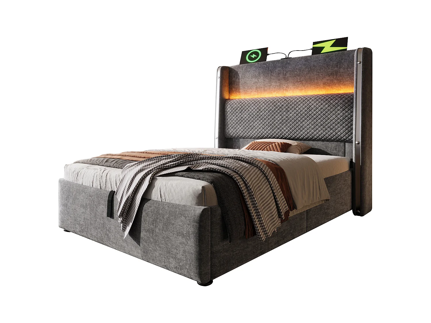 Hydraulisches Bett mit Stauraum und Kopfteil + LEDs und USB/Typ-C-Anschlüssen – 90 x 200 cm – Leinen – Grau