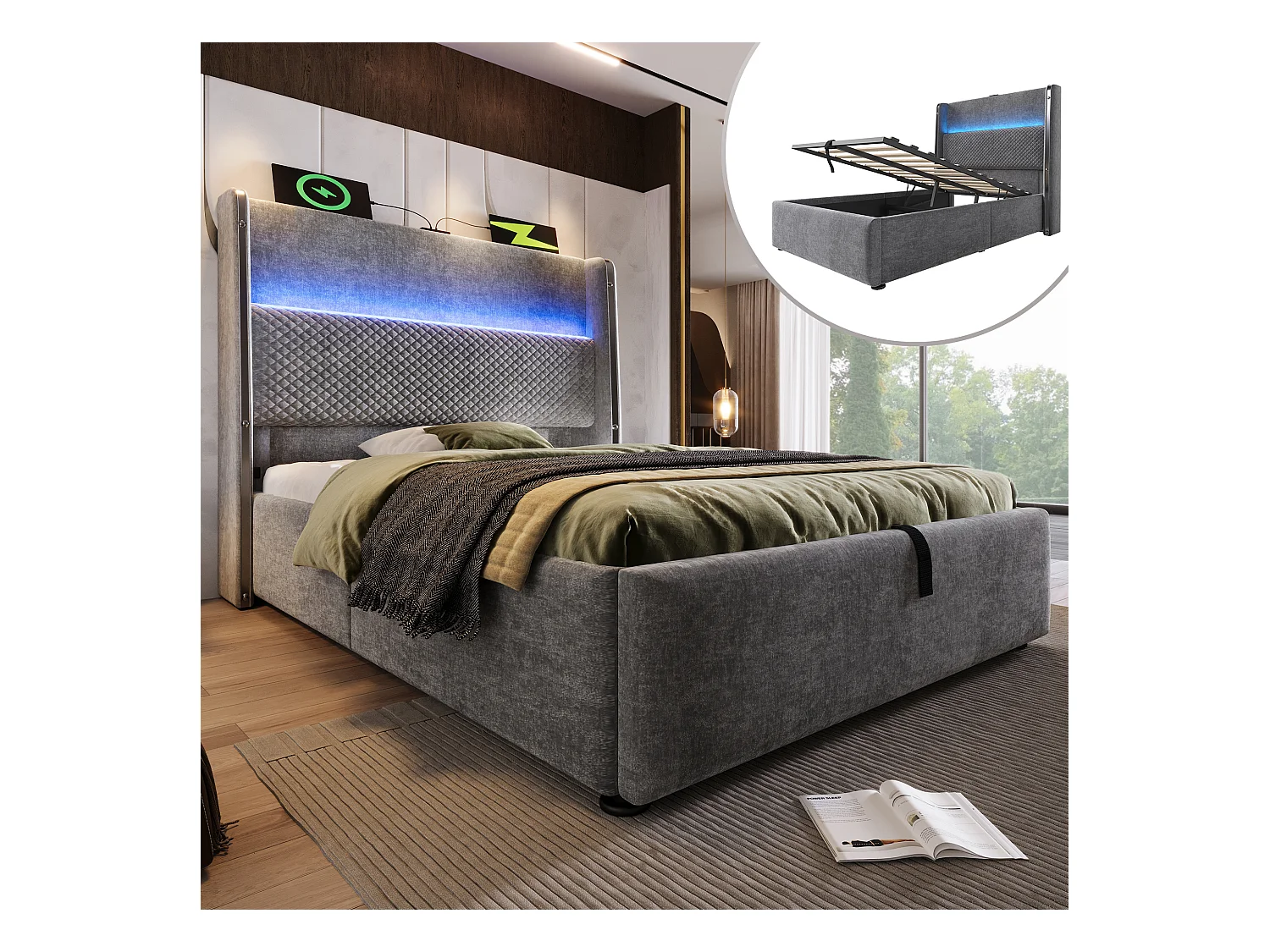 Lit coffre hydraulique avec tête de lit + Leds et ports USB/Type-C - 90 x 200 cm - lin - gris
