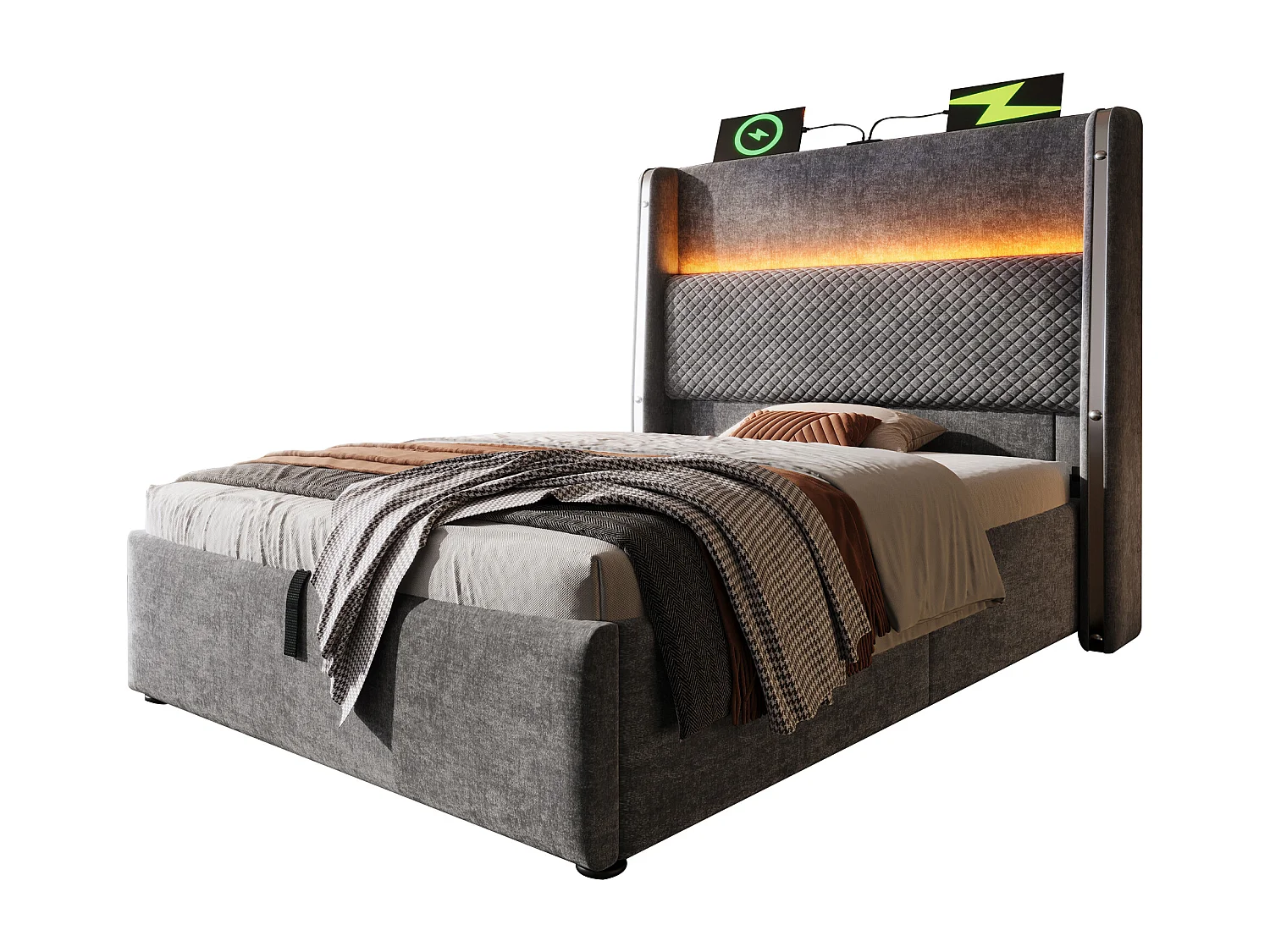 Hydraulisches Bett mit Stauraum und Kopfteil + LEDs und USB/Typ-C-Anschlüssen – 90 x 200 cm – Leinen – Grau