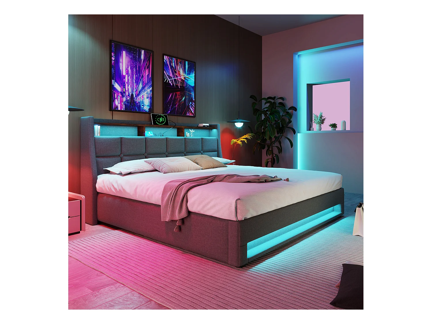Lit rembourré 180x200 cm en lin gris avec éclairage LED et USB, tête de lit confortable