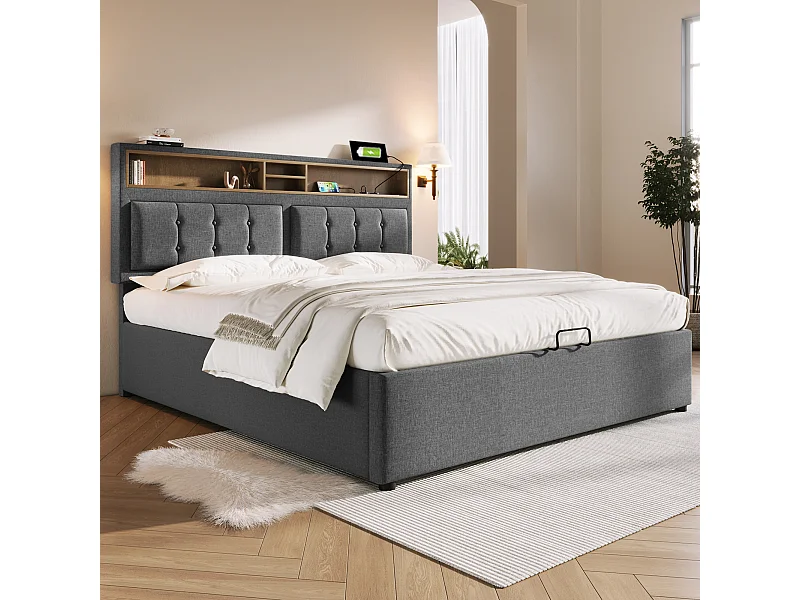 Lit double 160x200 cm en lin gris avec tête de lit réglable et prise USB intégrée