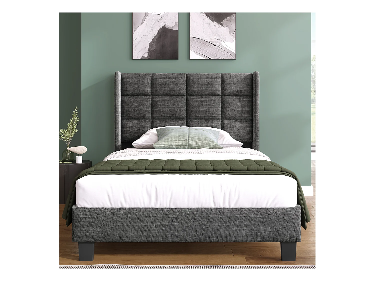 Lit moderne en lin gris 90x200 cm avec tête de lit rembourrée et lattes, sans boxspring