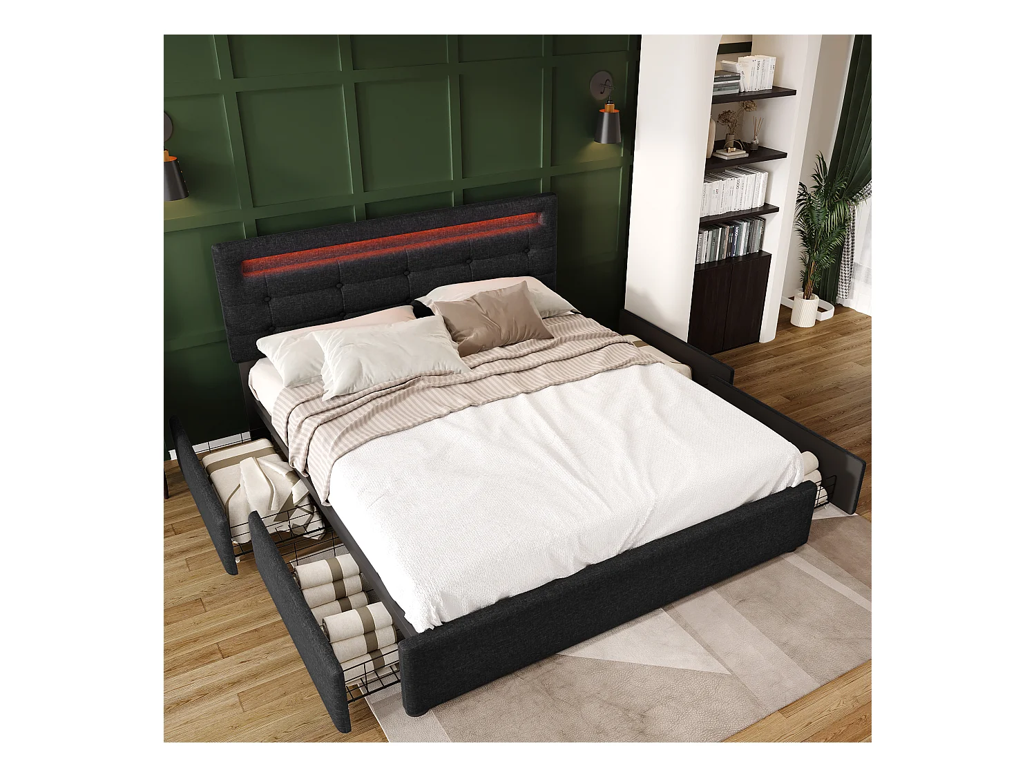 Lit double 140x200 cm avec éclairage LED et 4 tiroirs, tête de lit réglable en hauteur, noir