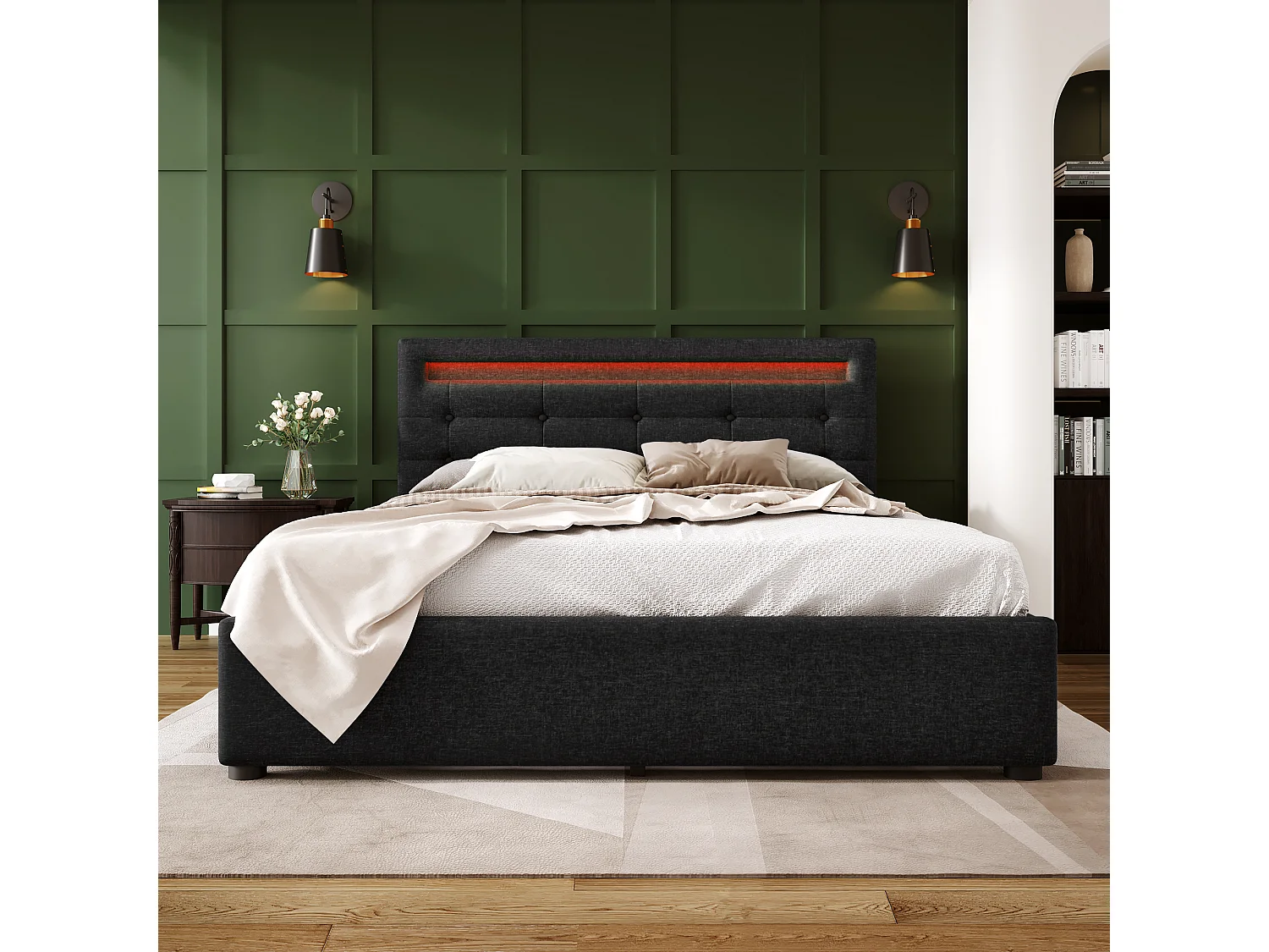 Lit double 140x200 cm avec éclairage LED et 4 tiroirs, tête de lit réglable en hauteur, noir